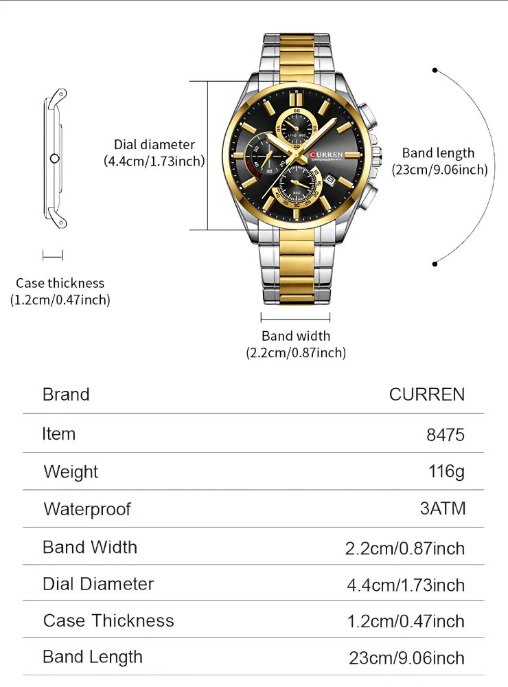 Curren 8475 Men Watch with two-tone stainless steel band, black dial, gold accents, and three sub-dials