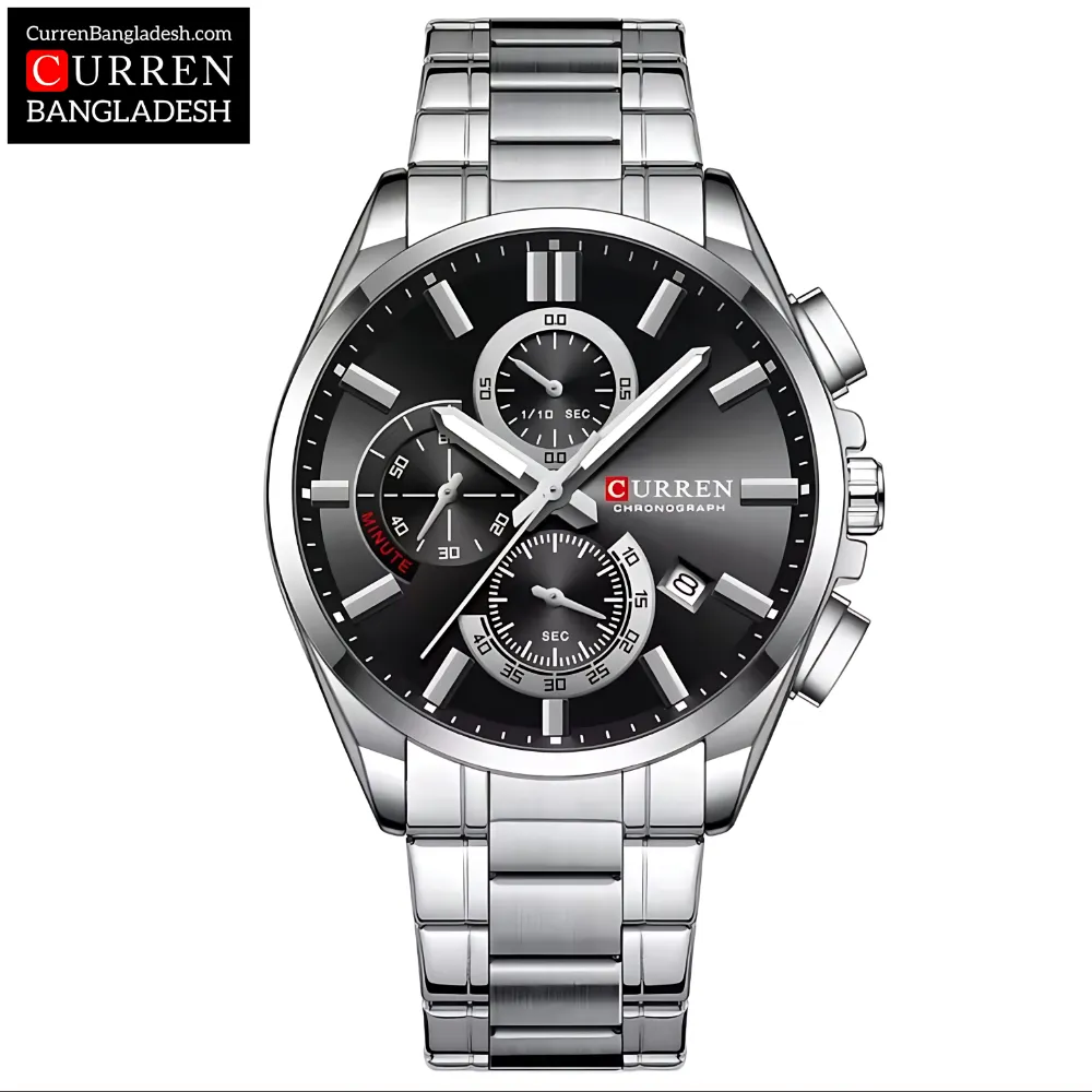 Curren 8475 Men Watch with two-tone stainless steel band, black dial, gold accents, and three sub-dials