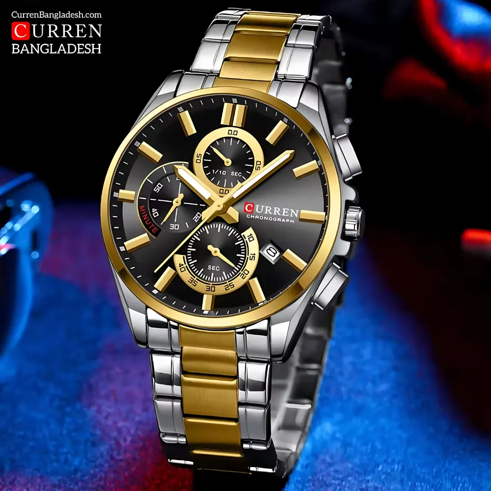 Curren 8475 Men Watch with two-tone stainless steel band, black dial, gold accents, and three sub-dials