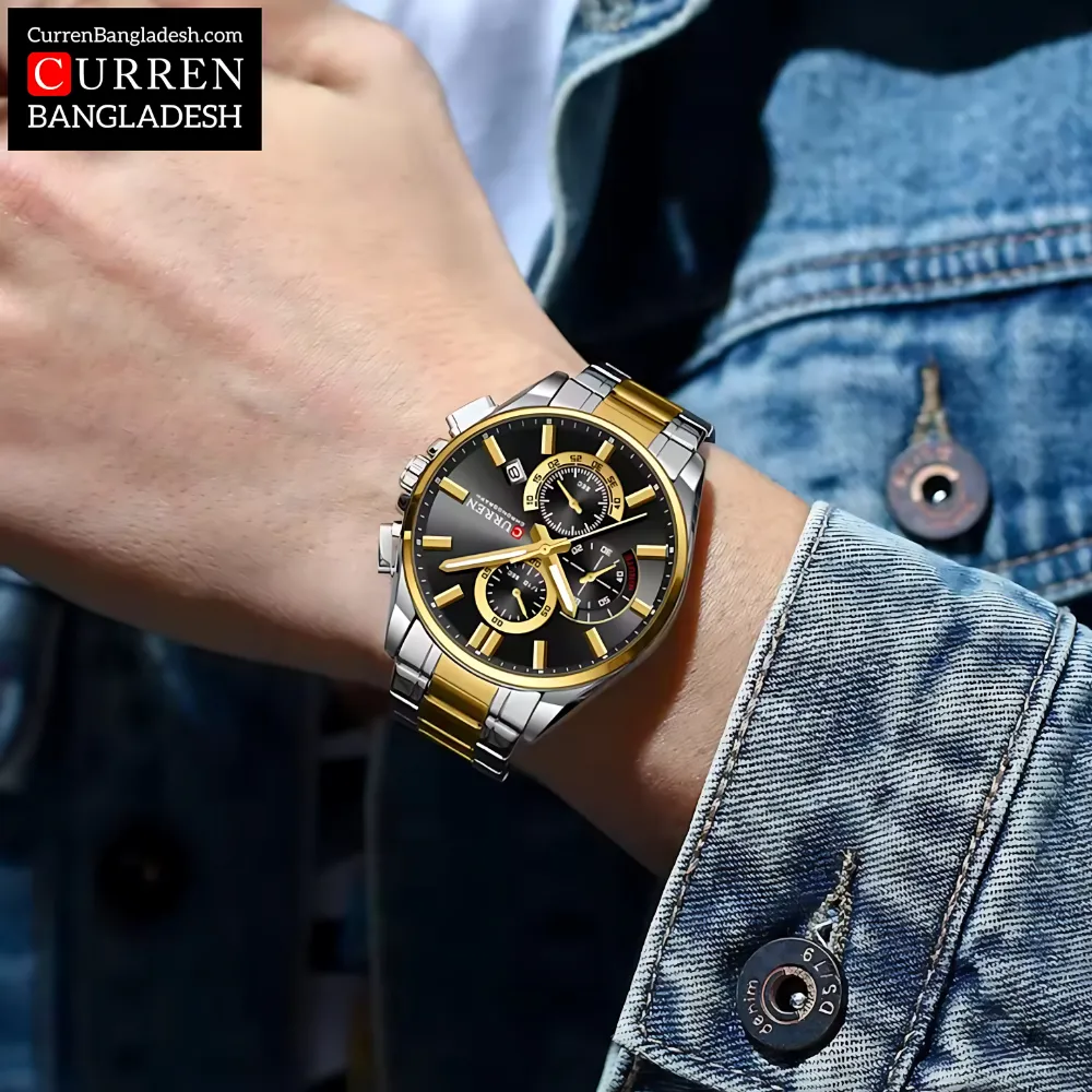 Curren 8475 Men Watch with two-tone stainless steel band, black dial, gold accents, and three sub-dials