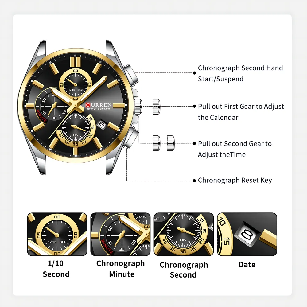 Curren 8475 Men Watch with two-tone stainless steel band, black dial, gold accents, and three sub-dials