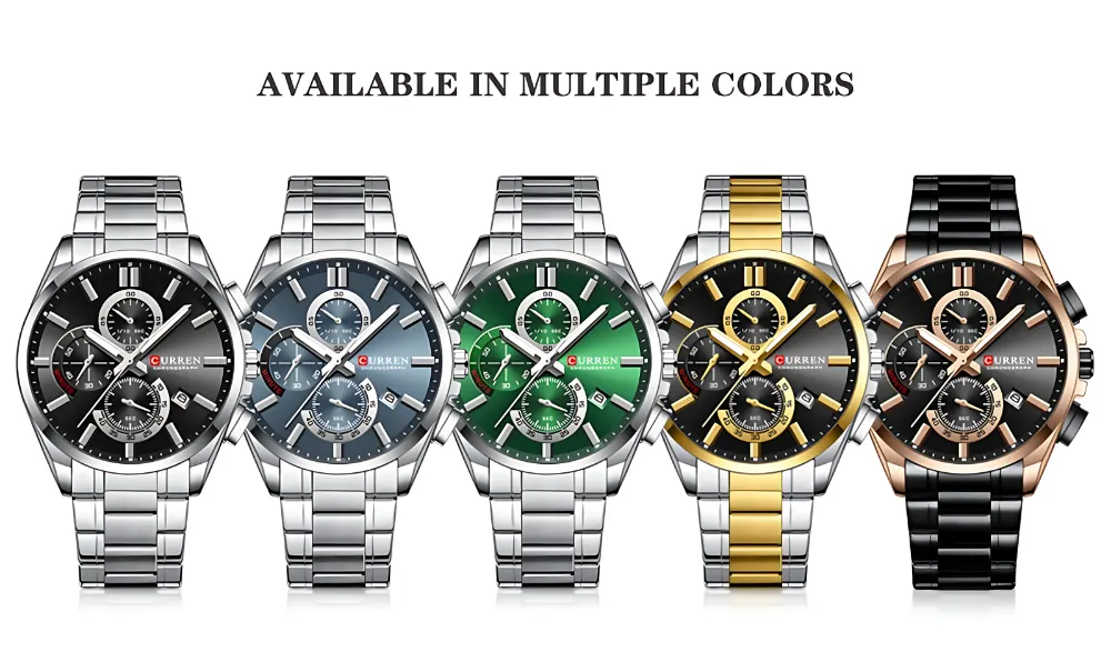 Curren 8475 Men Watch with two-tone stainless steel band, black dial, gold accents, and three sub-dials