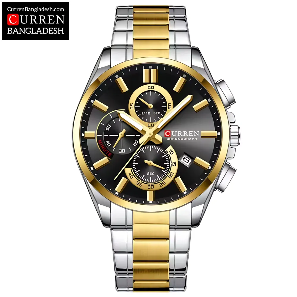 Curren 8475 Men Watch with two-tone stainless steel band, black dial, gold accents, and three sub-dials