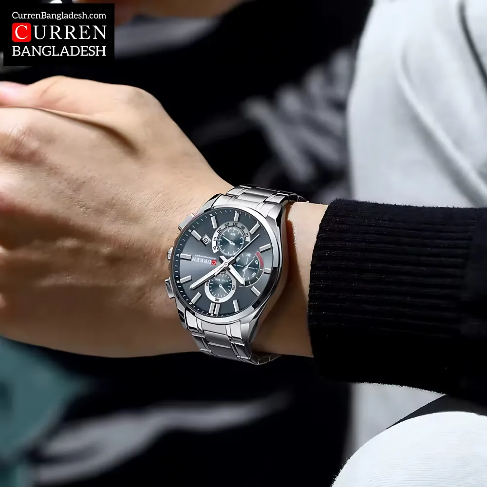Curren 8475 Men Watch with two-tone stainless steel band, black dial, gold accents, and three sub-dials