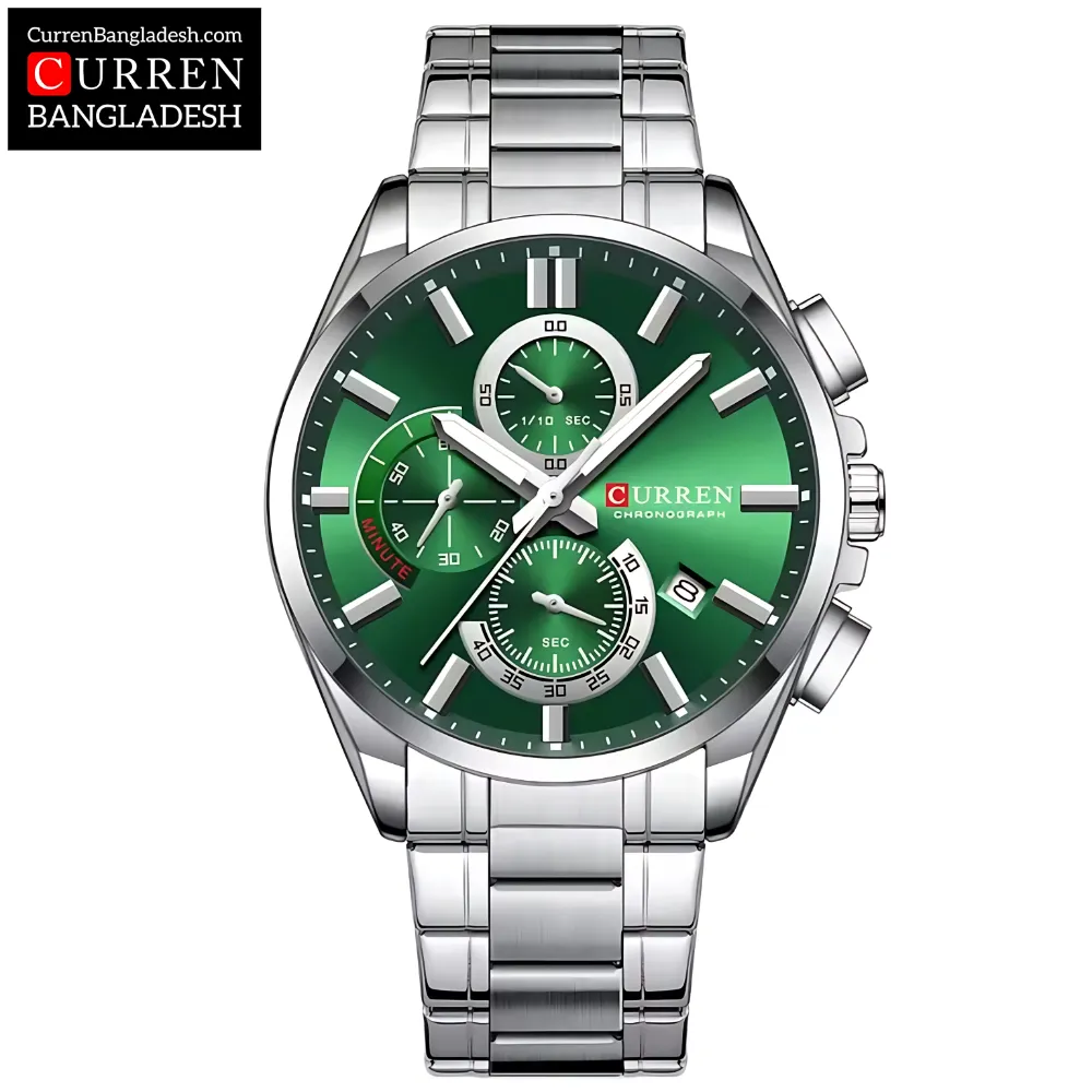 Curren 8475 Men Watch with two-tone stainless steel band, black dial, gold accents, and three sub-dials