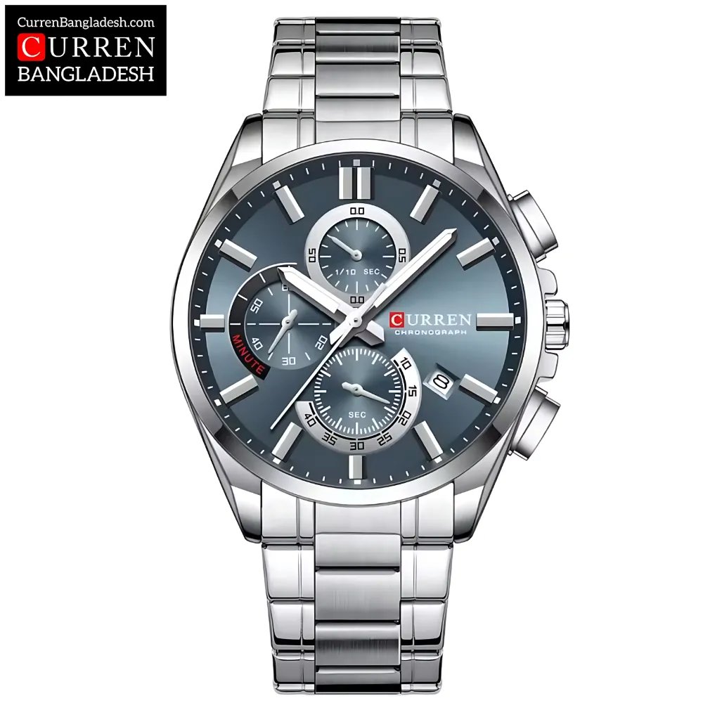Curren 8475 Men Watch with two-tone stainless steel band, black dial, gold accents, and three sub-dials