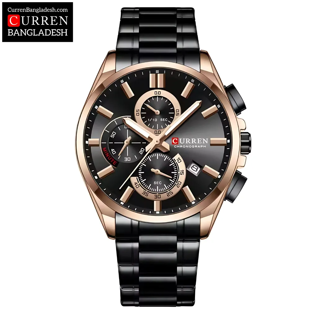 Curren 8475 Men Watch with two-tone stainless steel band, black dial, gold accents, and three sub-dials
