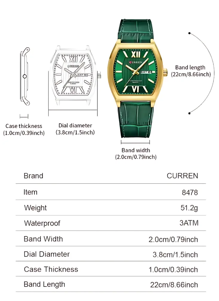 Curren 8478 Men Watch with rectangular case, Roman numerals, and day‑date display in multiple color options.
