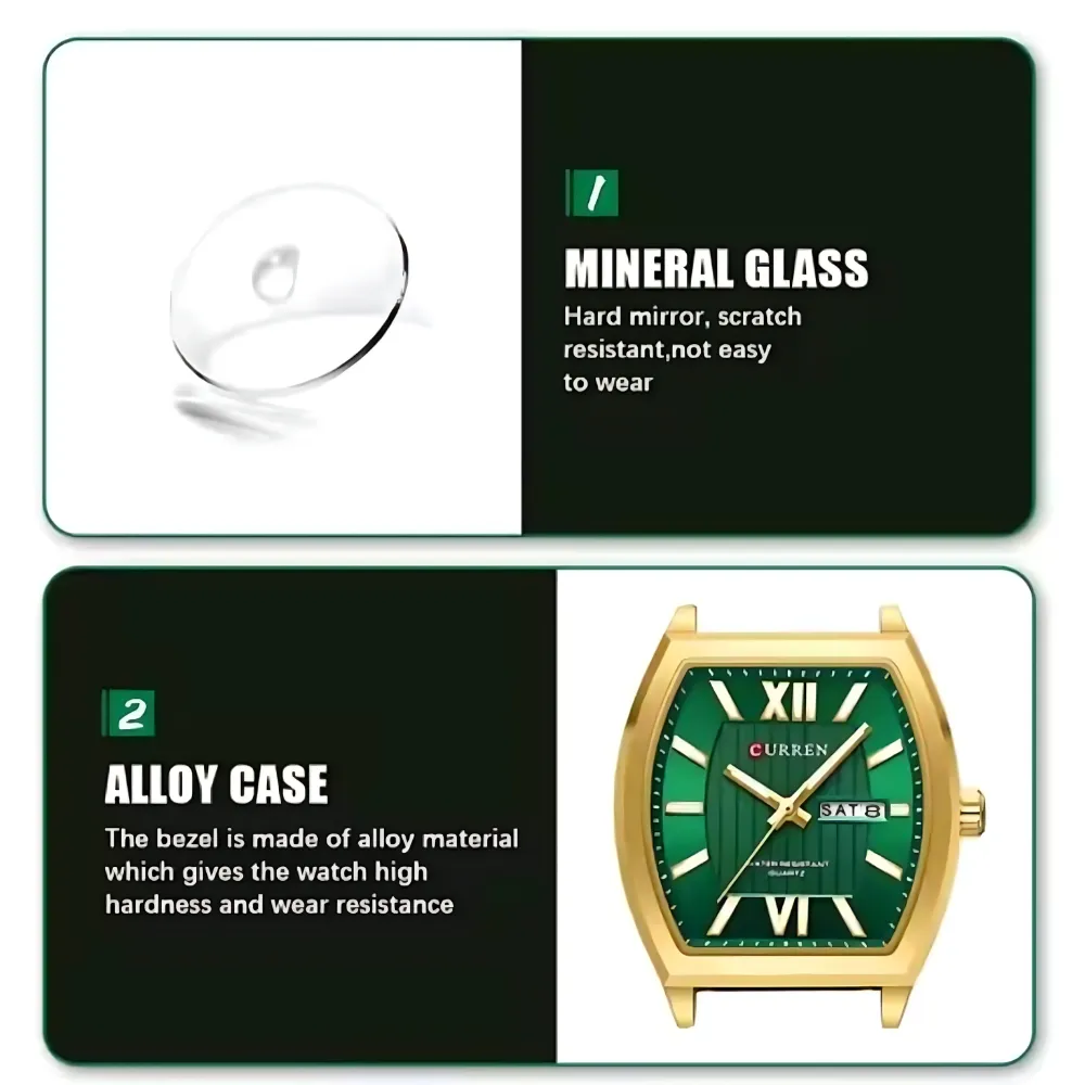 Curren 8478 Men Watch with rectangular case, Roman numerals, and day‑date display in multiple color options.