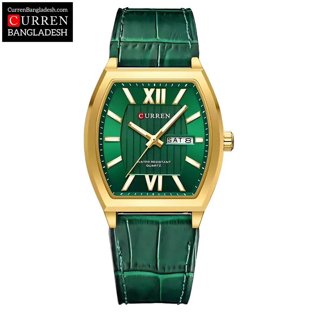 Curren 8478 Men Watch with rectangular case, Roman numerals, and day‑date display in multiple color options.