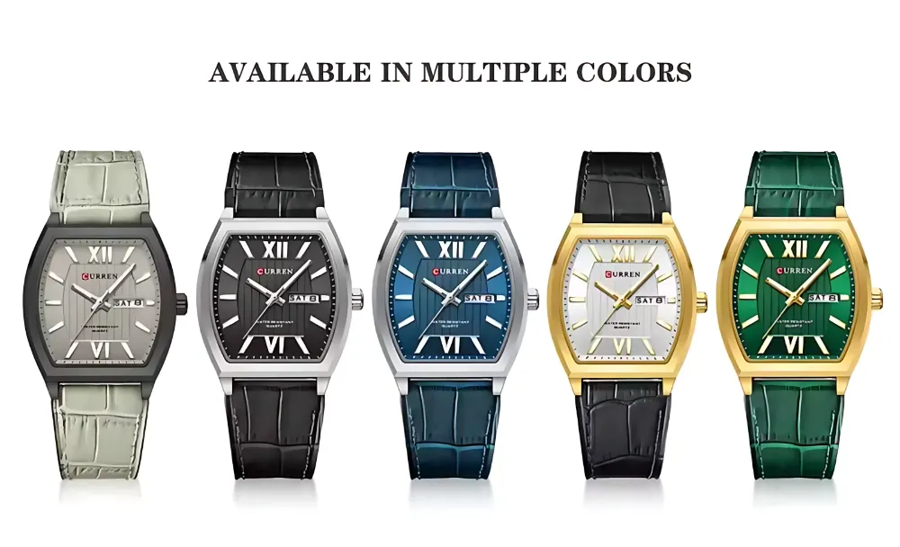 Curren 8478 Men Watch with rectangular case, Roman numerals, and day‑date display in multiple color options.