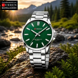 Curren 9090 Men Watch with metallic strap and bold dial design, available in six color options including gold, black, green, dark blue, light blue, and orange.