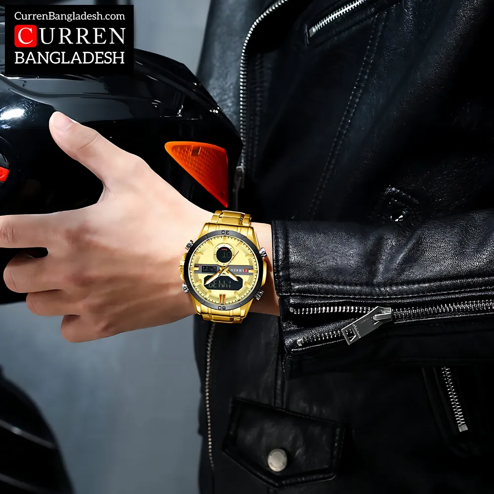 Curren 8384 Men Watch with dual analog and digital display, stainless steel band, and oversized sporty design