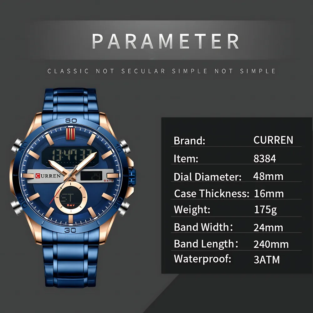 Curren 8384 Men Watch with dual analog and digital display, stainless steel band, and oversized sporty design