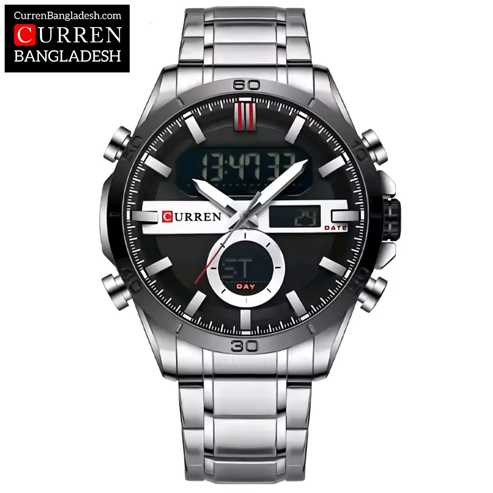 Curren 8384 Men Watch with dual analog and digital display, stainless steel band, and oversized sporty design