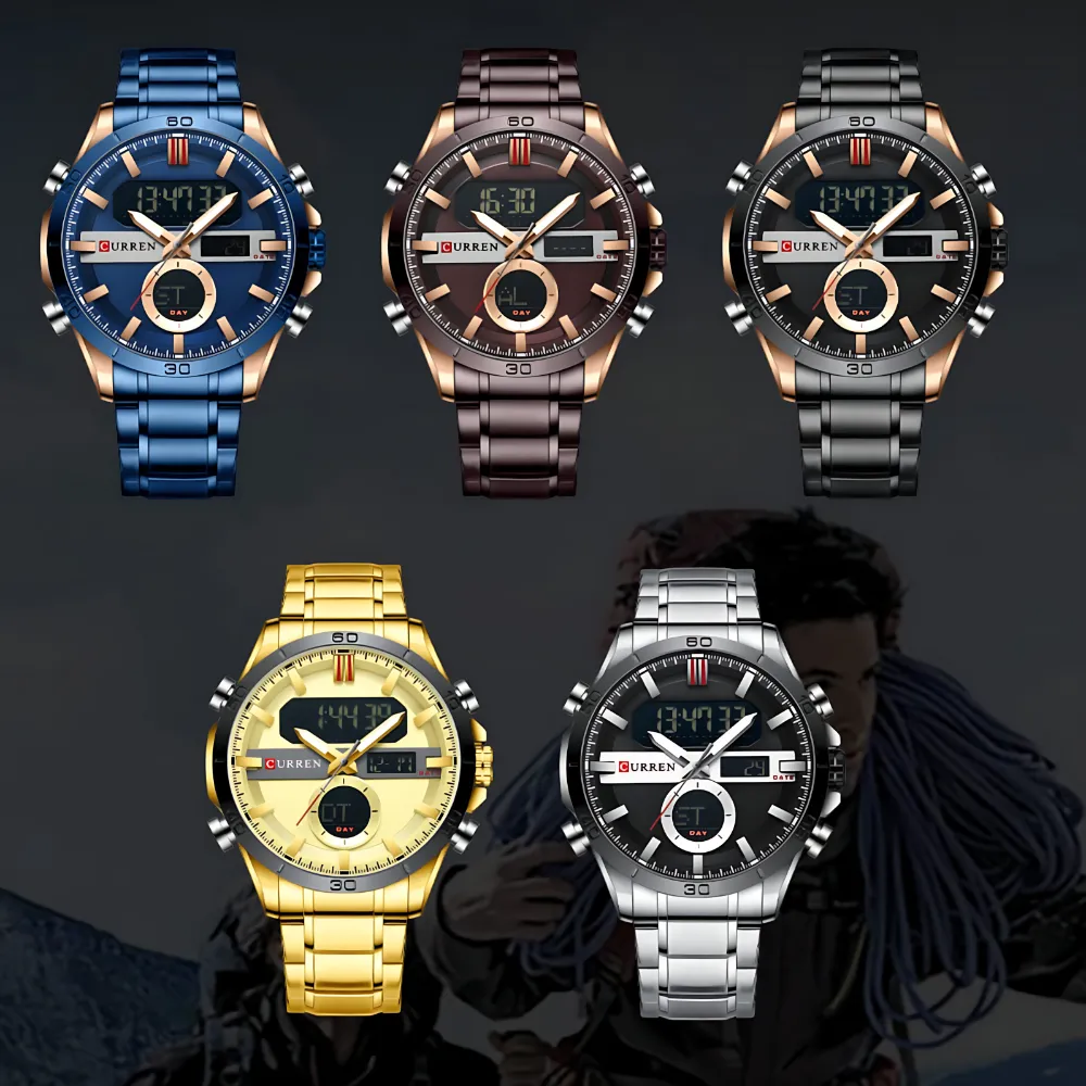 Curren 8384 Men Watch with dual analog and digital display, stainless steel band, and oversized sporty design