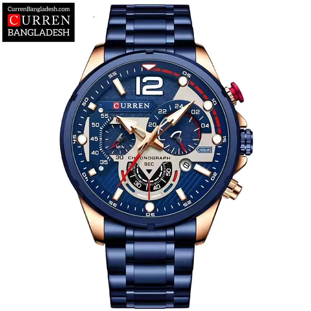 Curren 8395 Men Watch with chronograph dial, stainless steel band, and bold oversized design