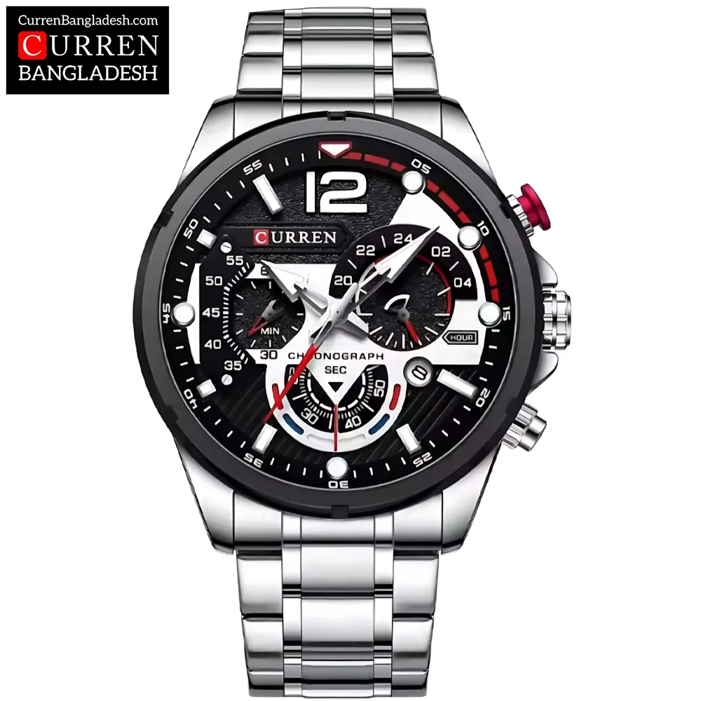 Curren 8395 Men Watch with chronograph dial, stainless steel band, and bold oversized design