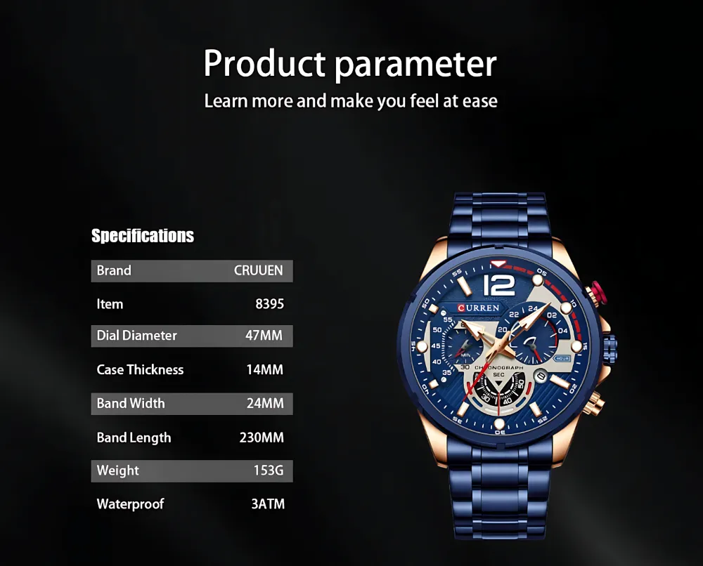 Curren 8395 Men Watch with chronograph dial, stainless steel band, and bold oversized design