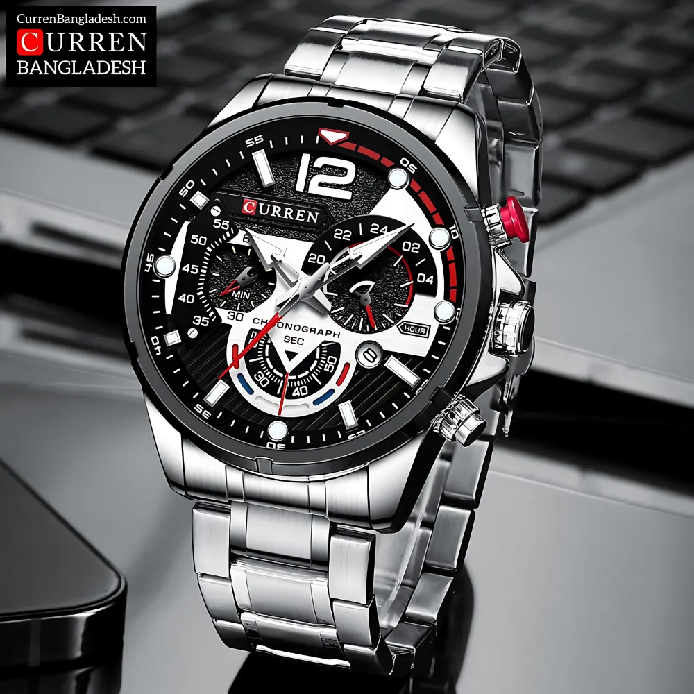 Curren 8395 Men Watch with chronograph dial, stainless steel band, and bold oversized design