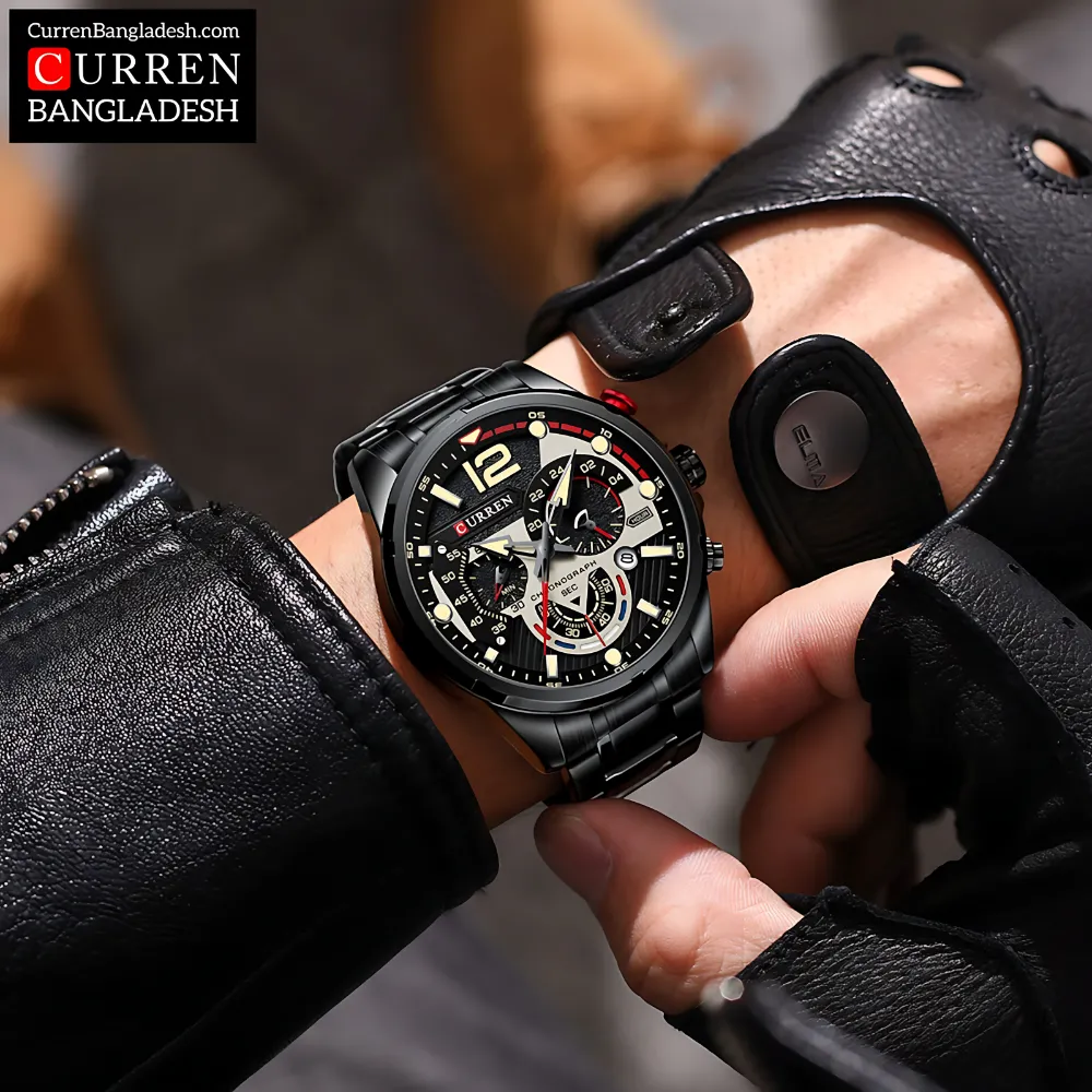Curren 8395 Men Watch with chronograph dial, stainless steel band, and bold oversized design