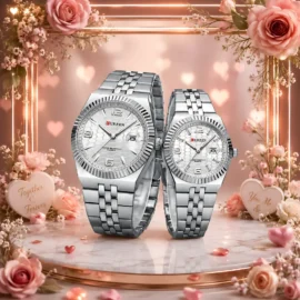 Curren 8498 couple wristwatches with matching stainless steel bands and date display