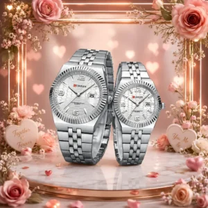 Curren 8498 couple wristwatches with matching stainless steel bands and date display