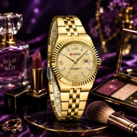 Curren 8498 Women Watch with gold metallic band, 3.3 cm dial, and elegant minimalist design.