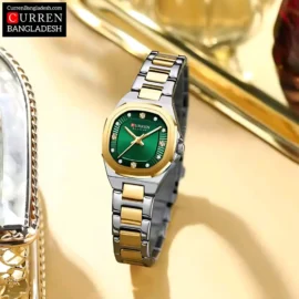 Curren 9104 Women Watch with gold stainless steel band, crystal hour markers, and slim case design