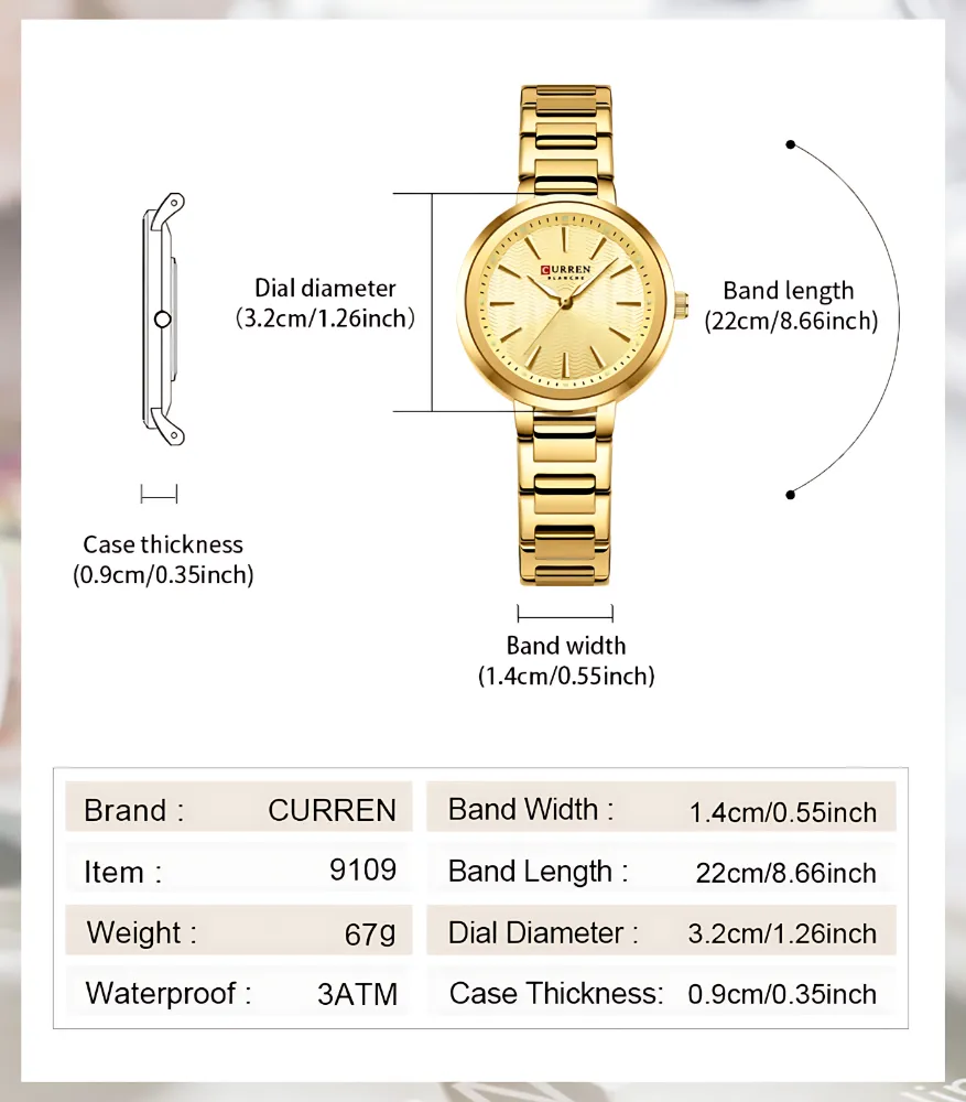 Curren 9109 Women Watch with gold stainless steel band, textured dial, and slim case design